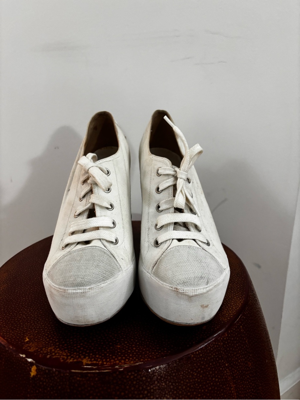 Dries Van Noten White Canvas Platform Lace-Up Wedges